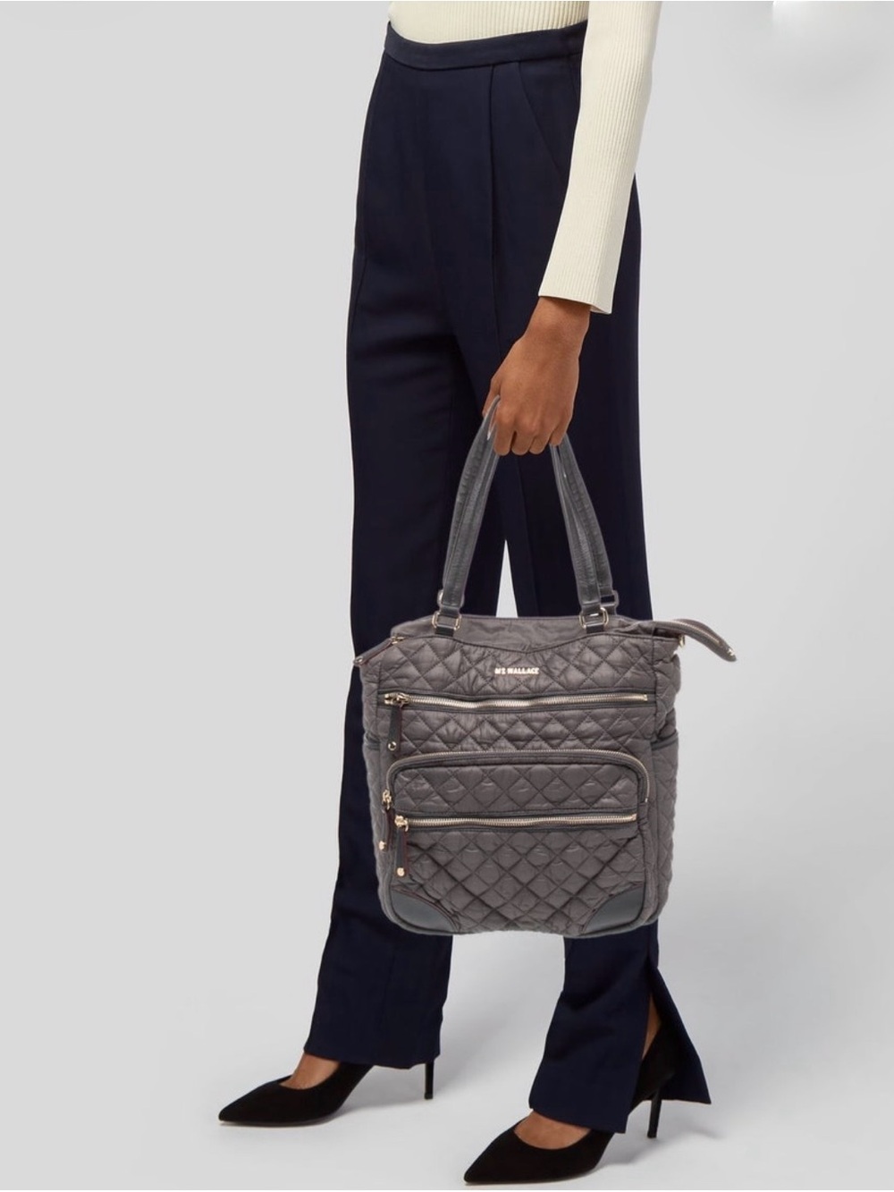 MZ Wallace | Quilted Nylon Multi-Pocket Tote Shoulder Bag |Magnet Gray